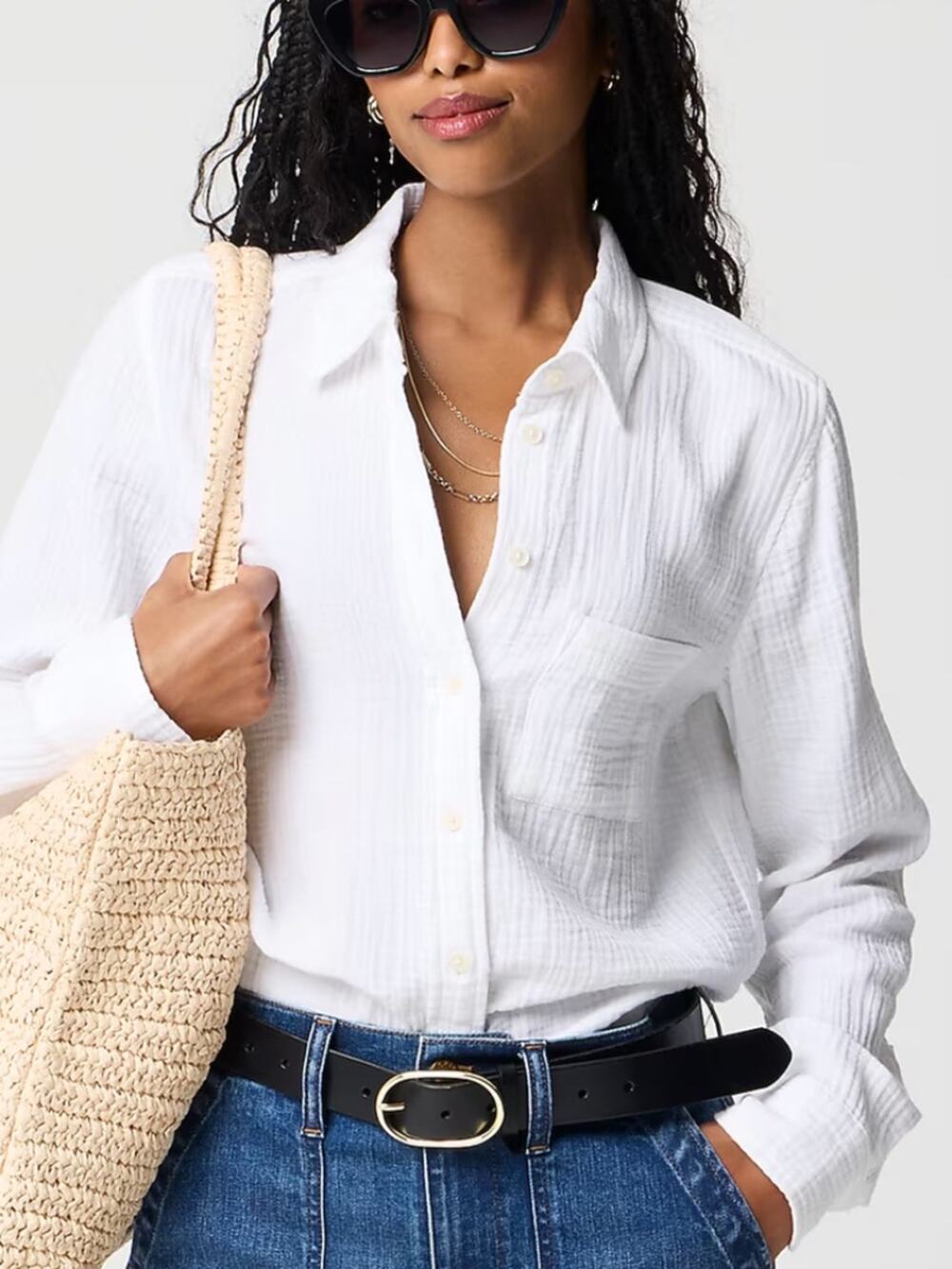 J. Crew Factory Double-gauze Button-up Long Sleeve Shirt, White, Size Medium